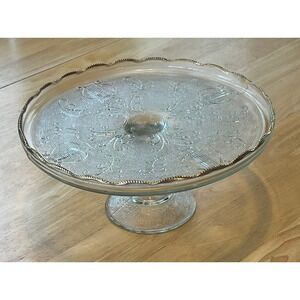 Vintage 1950s Jeannette Glass Harp Cake Stand Gilk Rim Pedestal Plate Clear